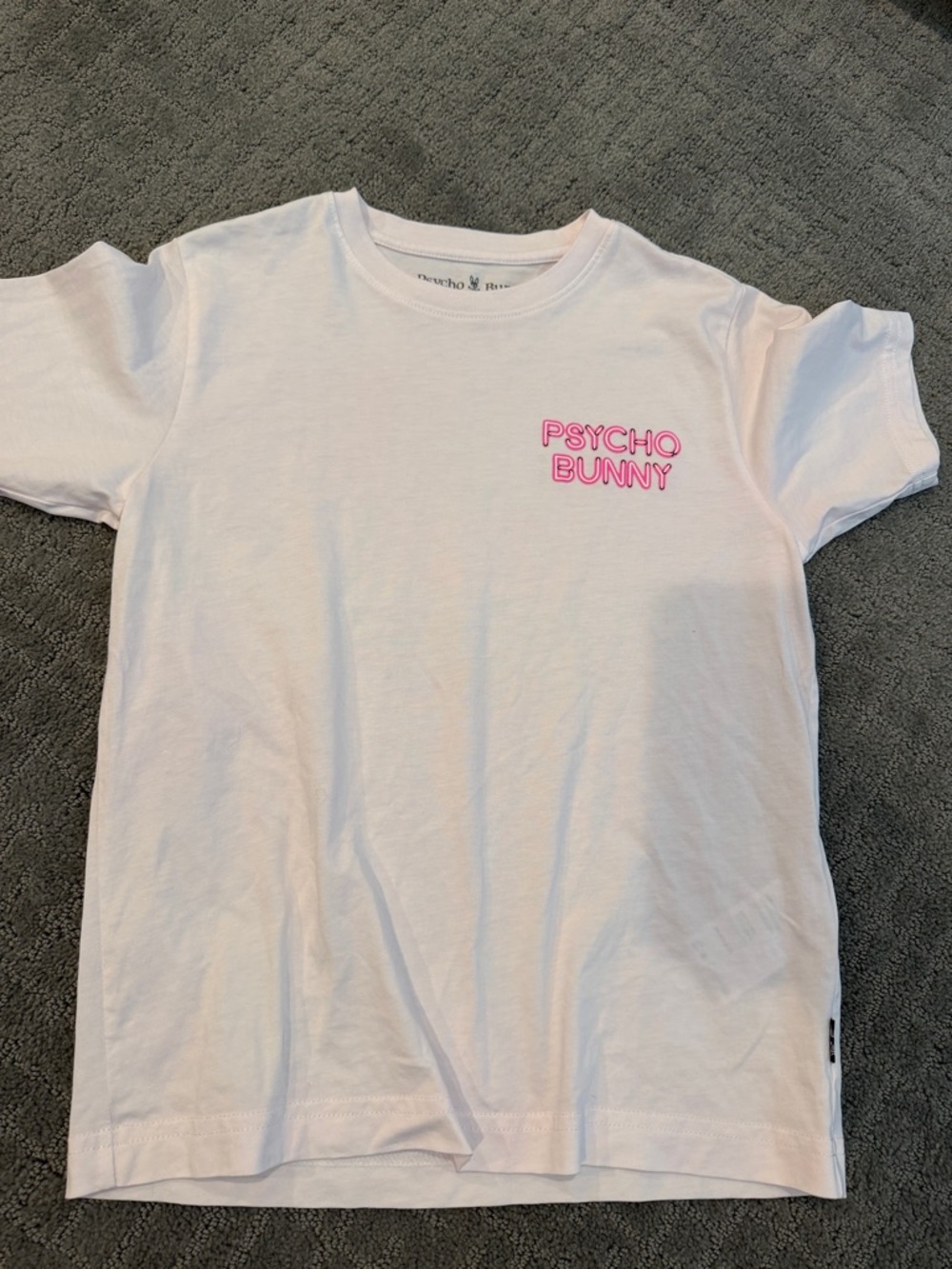 Psycho Bunny Kids White Tee with Neon Pink Logo Text